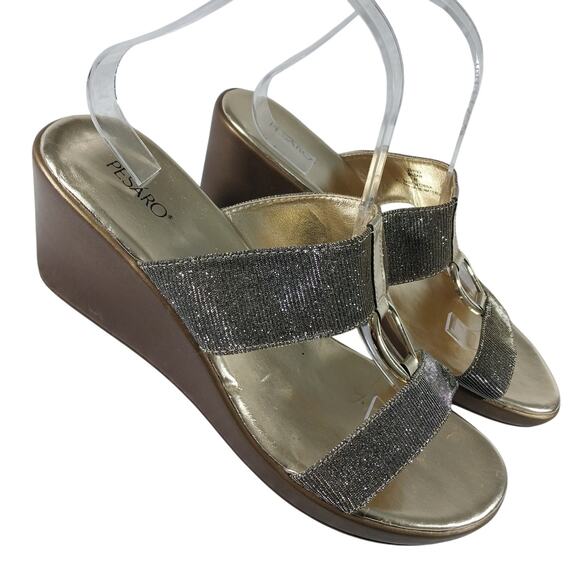 PESARO! "SUSAN" GOLD & BLACK MESH DUAL STRAP/T STRAP GOLD HARDWARE HEELS! SZ 11M - Picture 10 of 10